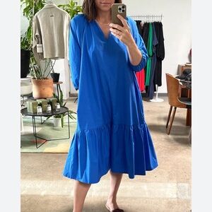 Joeleen Torvick Gathered V‎ Neck Midi Dress Blue S/M NWT